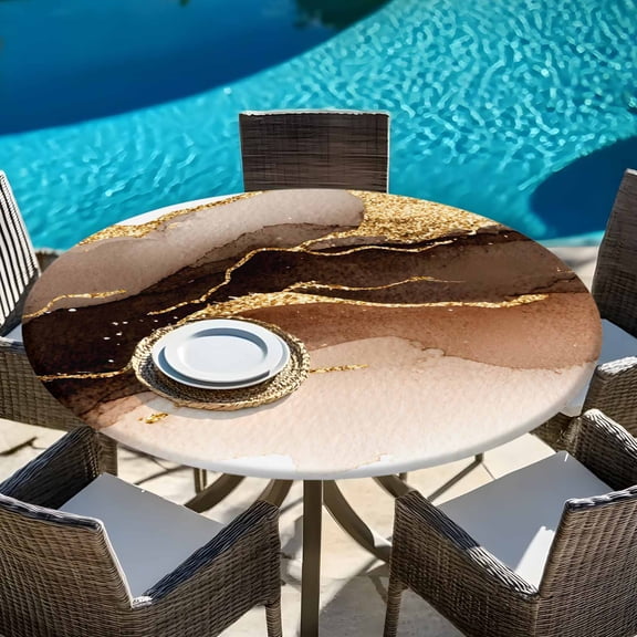 Modern Brown Gold Marble Texture Round Fitted Tablecloth with Elastic Edge,Waterproof Table Cloth Fits Tables 45"-54",Wipeable Washable Table Cover for Indoor Outdoor Dinning,Abstract Stone Style