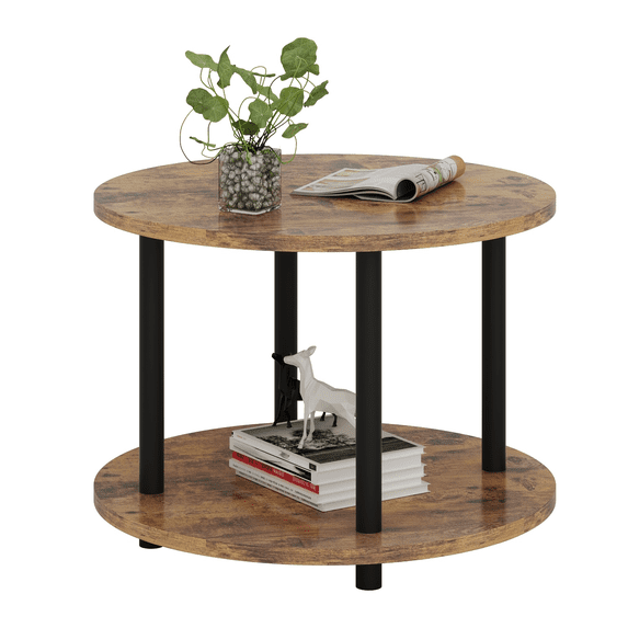 Modern Brown Round Coffee Table with Wood Top & Metal Frame for Homes Living Room Balcony Office
