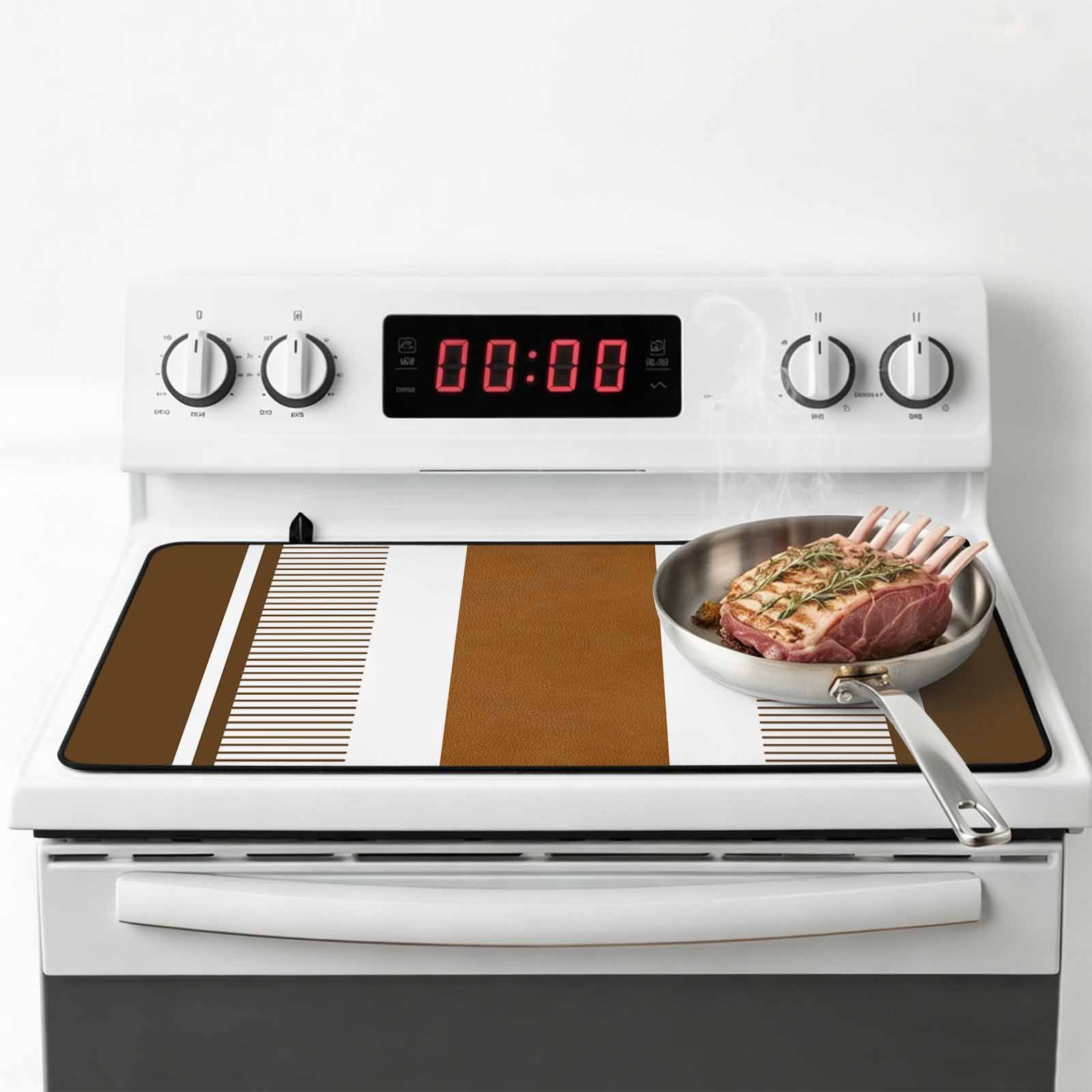 Modern Brown Stove Top Cover for Electric Stove, Heat-proof & Non Slip Glass Top Stove Cover Protector, Boho Contemporary Geometric Striped Kitchen Flat Cooktop Rubber Mat 28.5x20.5 Inches
