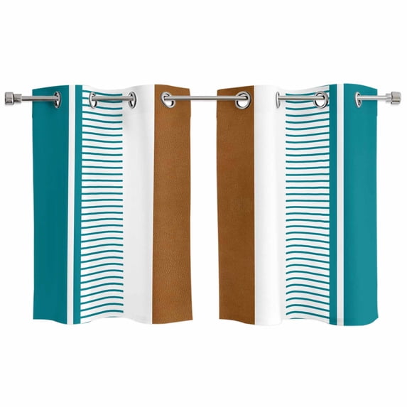 Modern Brown Teal Kitchen Curtains Small Short 39 Inch Length, Boho Contemporary Geometric Striped Grommet Top Bedroom Living Room Curtains, Light Filtering Cafe Curtain Drapes 2 Panels Set 55''x39''