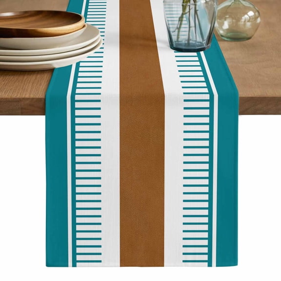 Modern Brown Teal Table Runner, Boho Contemporary Geometric Striped Washable Cotton Linen Table Runners 36 Inches Long, Dresser Scarf Runner for Nightstand/End Tables/Round Tables 13''x36''