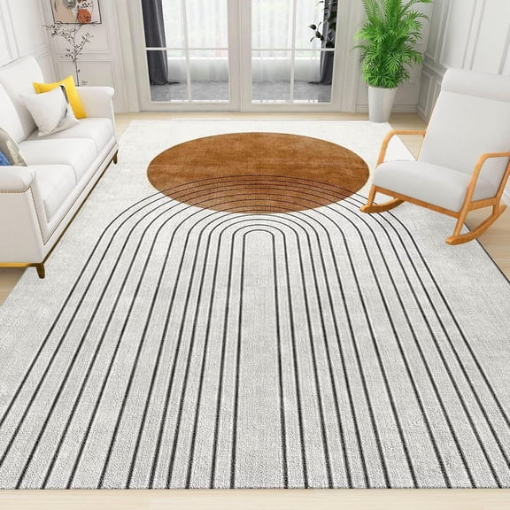 Modern Brown And White Abstract Area Rug, Boho Mid Century Line Art Indoor Non-Slip Rugs, For Room Sofa Living Room Mat Bedroom Home Decor Floor Mats 4x6ft