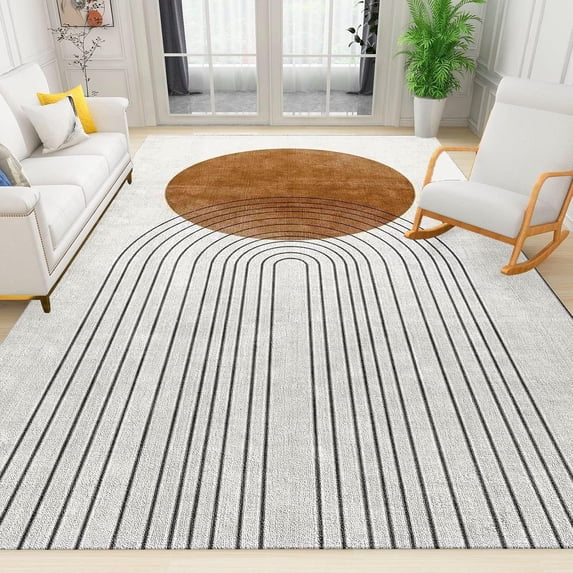 Modern Brown And White Abstract Area Rug, Boho Mid Century Line Art Indoor Non-Slip Rugs, For Room Sofa Living Room Mat Bedroom Home Decor Floor Mats 5x7ft