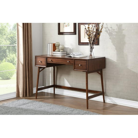 Modern Styling Counter Height Writing Desk Brown Finish Storage Drawers Nickel Knob Hardware Walnut Veneer Wood Furniture