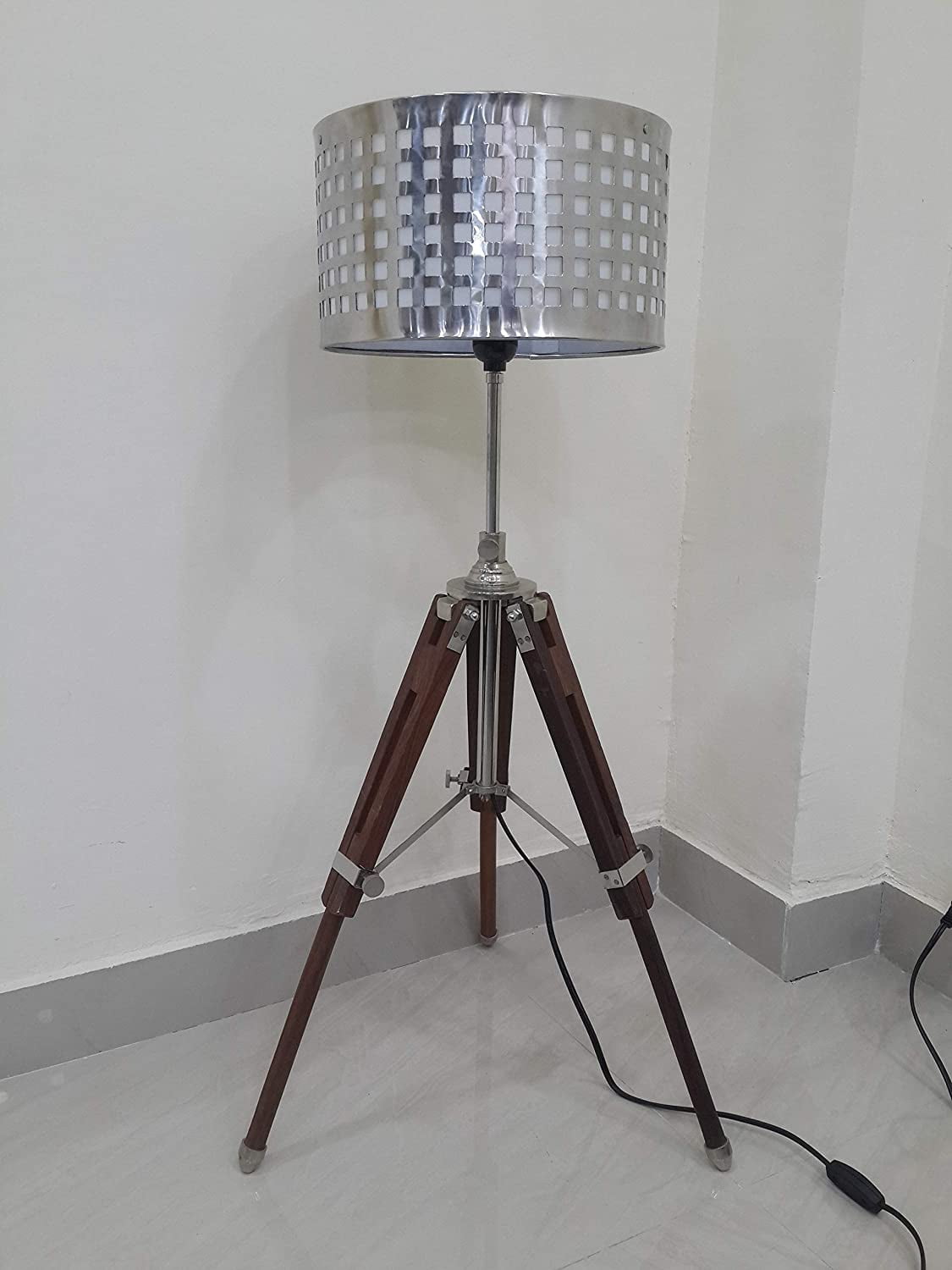 Modern Brown Wood Tripod Table Lamp Transit Stand With Silver Shade ...