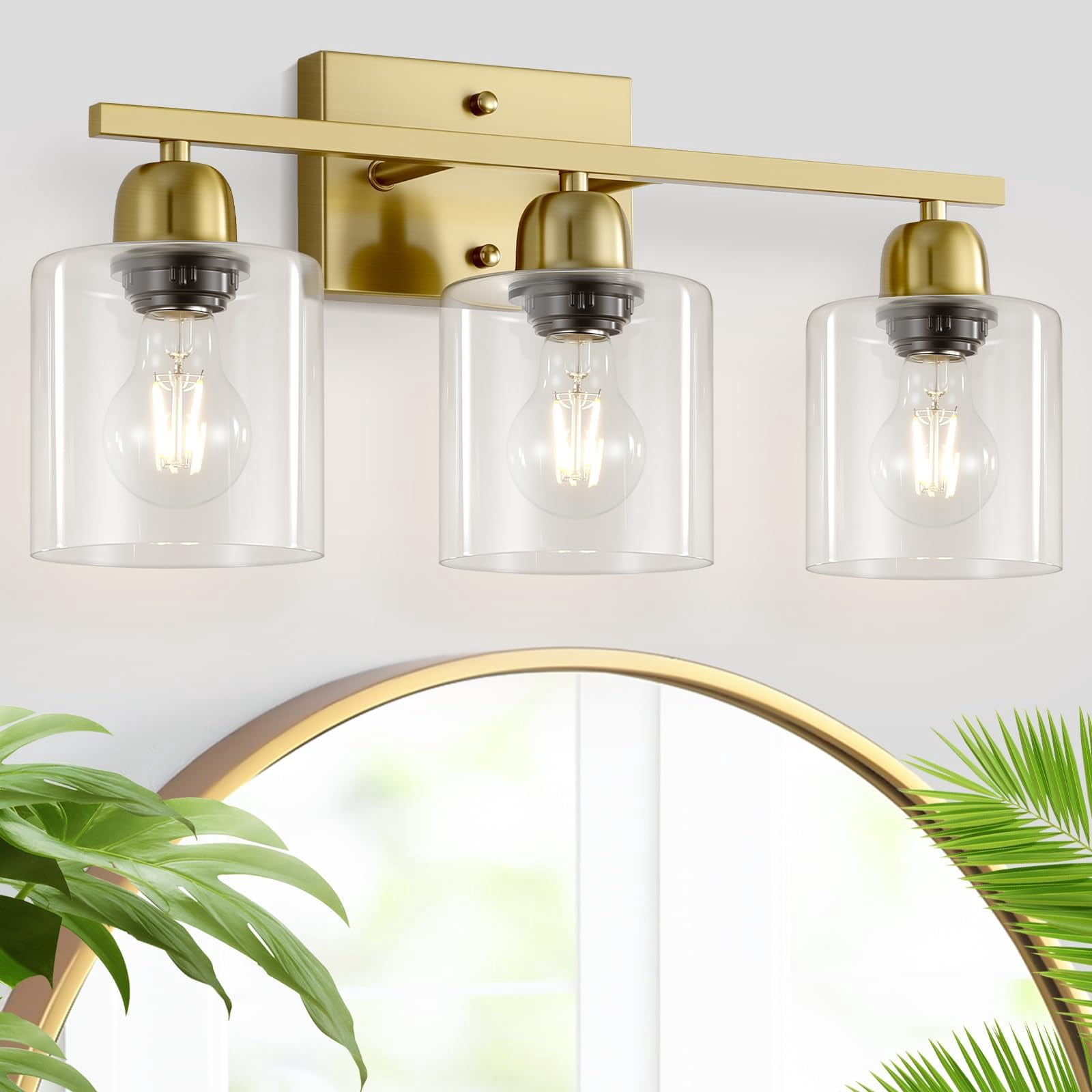 Modern Brushed Gold 3 Light Bathroom Fixtures  19 Inch Vanity Lights For With Clear Glass Lighting Over Mirror Kitchen Living Room