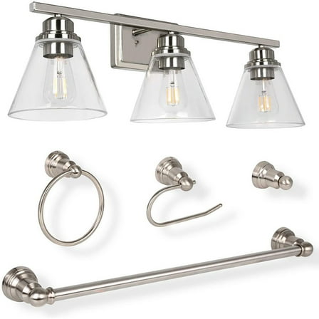 Modern Brushed Nickel Bathroom Lights Over Mirror, 3-Light Wall Sconce, 5-Piece All-in-One Bathroom Set, Vanity Lighting with Clear Glass Shade
