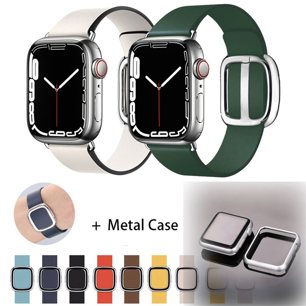 Modern Buckle Genuine Leather Strap for Apple Watch Band 44mm 40m 42mm 38mm  Correa Leather Bracelet iwatch Series 5 4 3 6 SE Strap- 1 silver case 