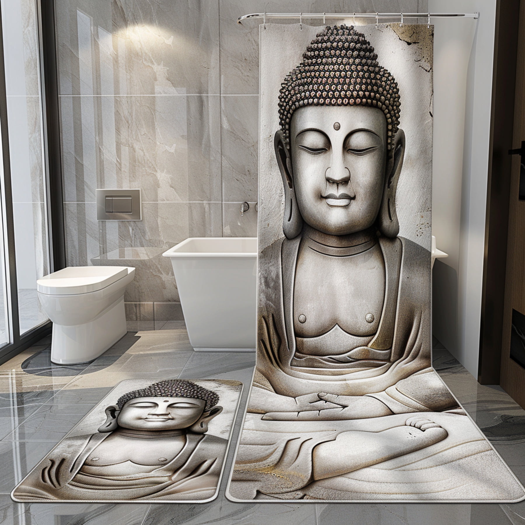 Modern Buddha Face Bathroom Set with Statues Gray Tone Ultra Realistic