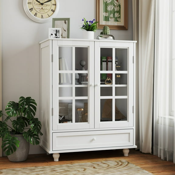 Modern Buffet Cabinet with Double Glass Doors and Drawer, Minimalist Wooden Storage Cabinets, Sideboard Cupboard for Living Room, Dining Room Hallway Entryway, White