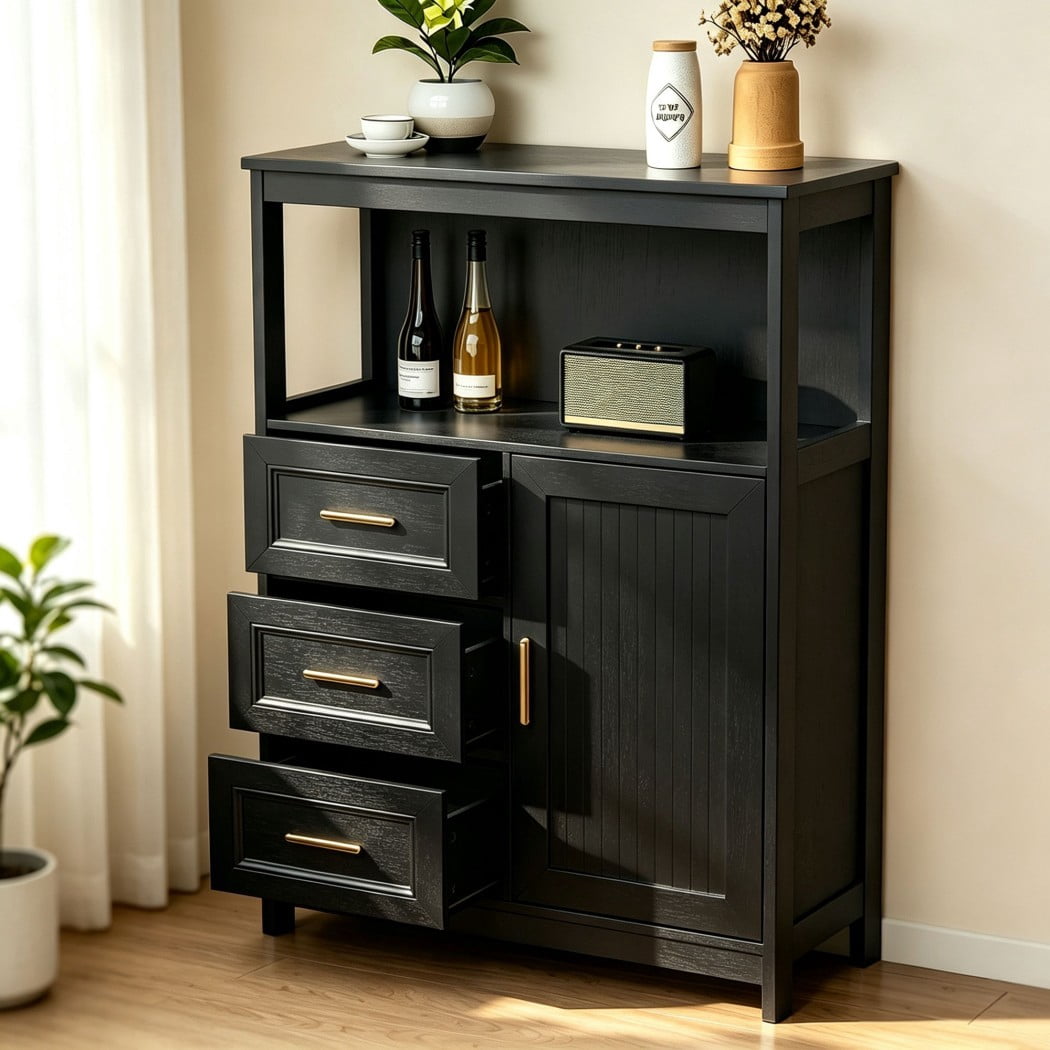 Modern Buffet Cabinet, Kitchen Storage Cabinet with 3 Drawers & 1 Door, Sideboard Cabinet with Wide Countertop for Dining Room, Living Room, Entryway & Bathroom, Black