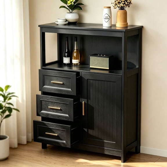 Modern Buffet Cabinet, Kitchen Storage Cabinet with 3 Drawers & 1 Door, Sideboard Cabinet with Wide Countertop for Dining Room, Living Room, Entryway & Bathroom, Black