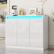 Modern Buffet Cabinet with LED Lights, High Gloss Sideboard Coffee Bar with 3 Doors & Charging Station, Handless Modern Sideboard Storage Cabinet for Living Room, Entryway, White
