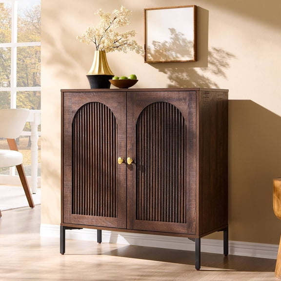 Modern Buffet Cabinet with Storage, 34" Tall Fluted Arched Sideboard Cabinet w/Adjustable Shelves, Wooden Modular Coffee Bar for Dining Room, Kitchen, Living Room, Entryway, Brown