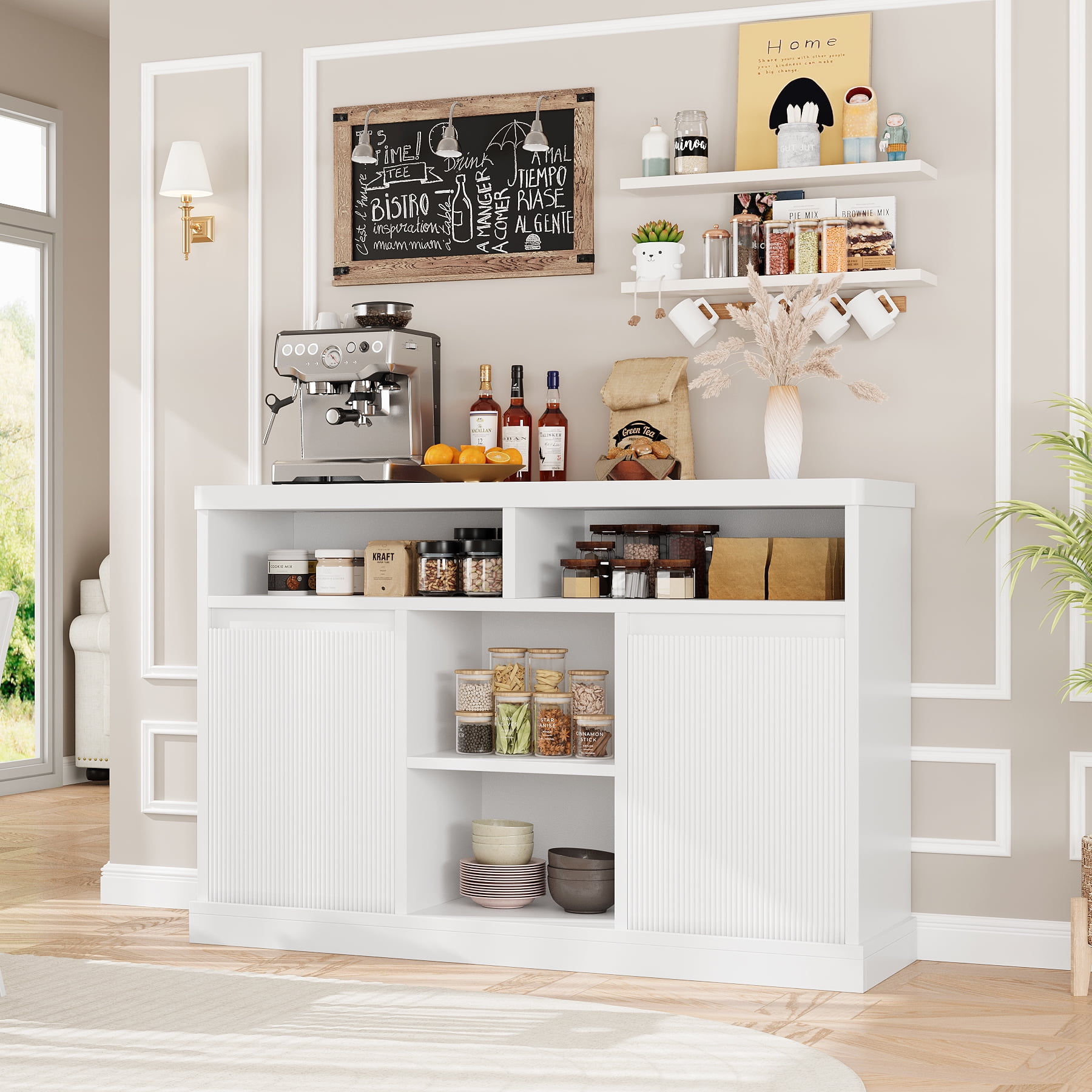 Modern Buffet Cabinet with Storage, Fluted Sideboard Cabinet with 2 Doors, White Accent Coffee Bar Cabinet with Adjustable Shelves for Kitchen Room