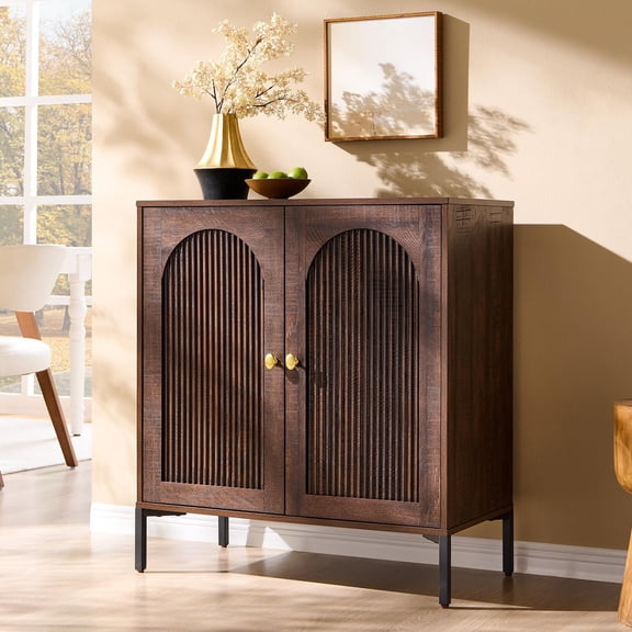 Modern Buffet Cabinet with Storage, Tall Fluted Arched Sideboard Cabinet w/Adjustable Shelves, Wooden Modular Coffee Bar for Dining Room, Kitchen, Living Room, Entryway