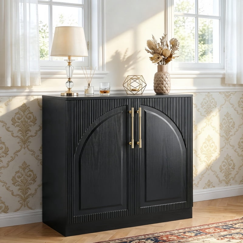 Modern Buffet Cabinet with 2-Door, Freestanding Fluted Bar Storage Cabinet, Small Sideboard Credenza with Adjustable Shelving