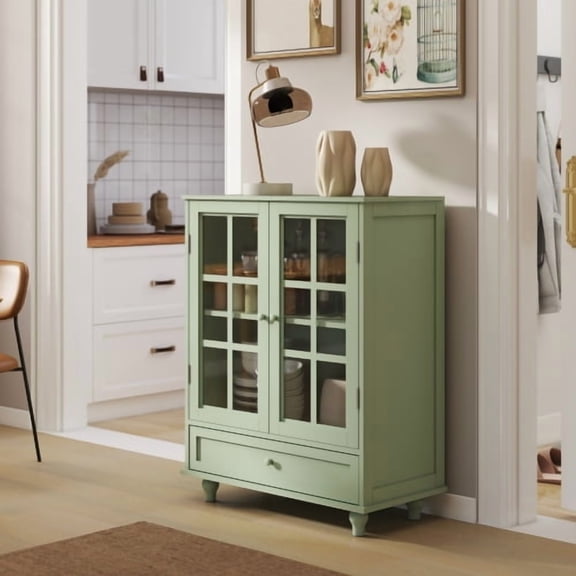 Modern Buffet Cabinet with Glass Doors and Drawer, Wooden Storage Sideboard for Living Room, Dining Room, Entryway (Mint Green Finish)