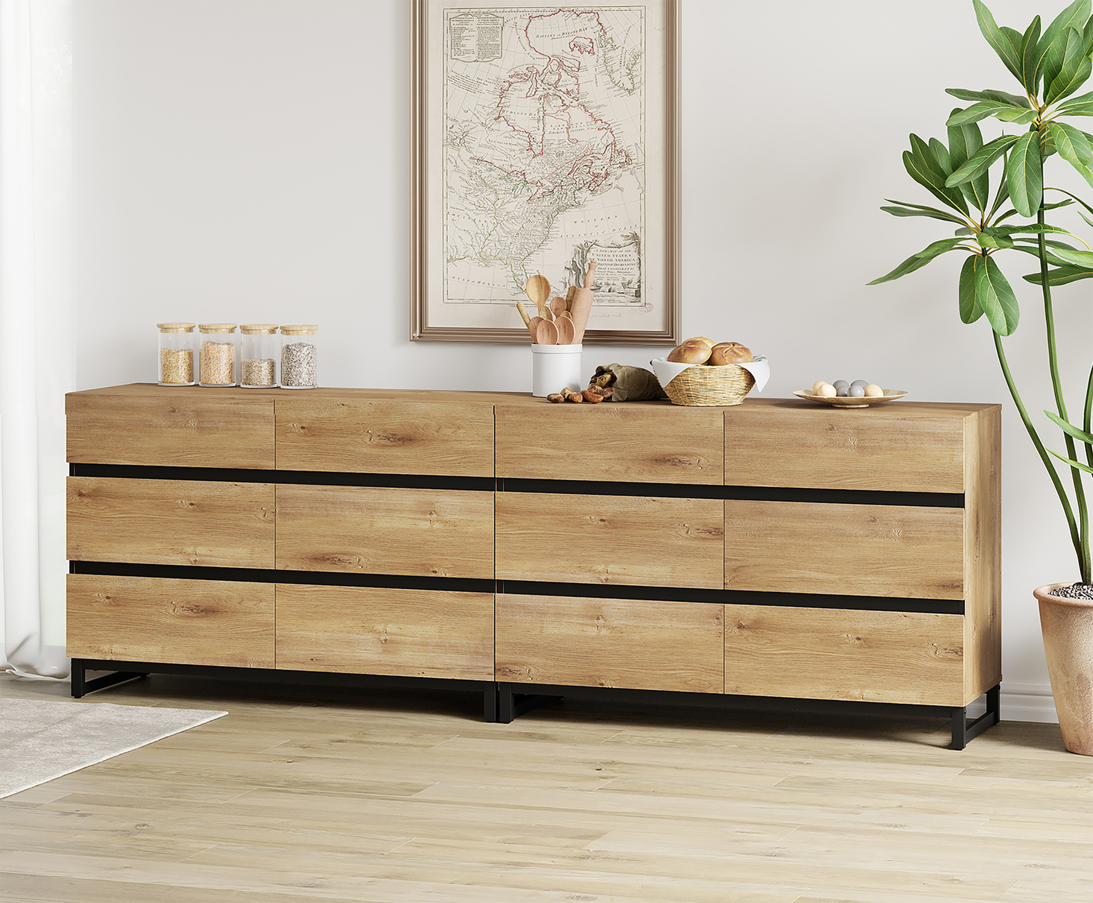 Modern Buffet Sideboard Cabinet with 12 Smooth-Glide Drawers and Sturdy Metal Base, Multifunctional Coffee Bar Storage Organizer Cabinet for Kitchen, Dining Room and Living Room,Oak