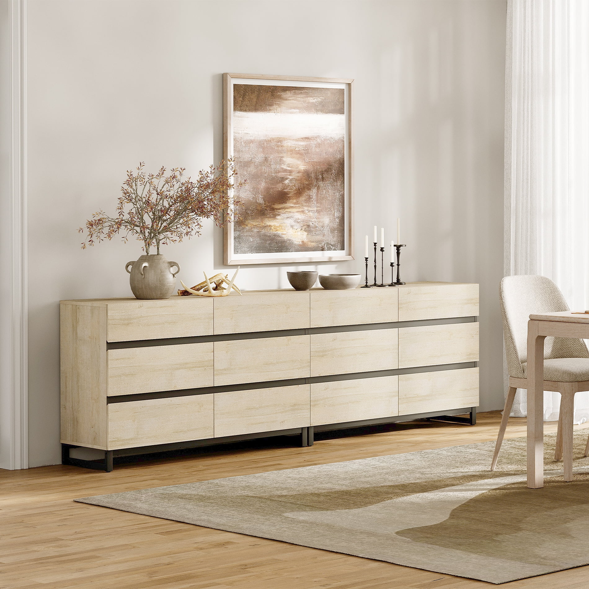 Modern Buffet Sideboard Cabinet with 12 Smooth-Glide Drawers and Sturdy Metal Base, Multifunctional Coffee Bar Storage Organizer Cabinet for Kitchen, Dining Room and Living Room,Beige