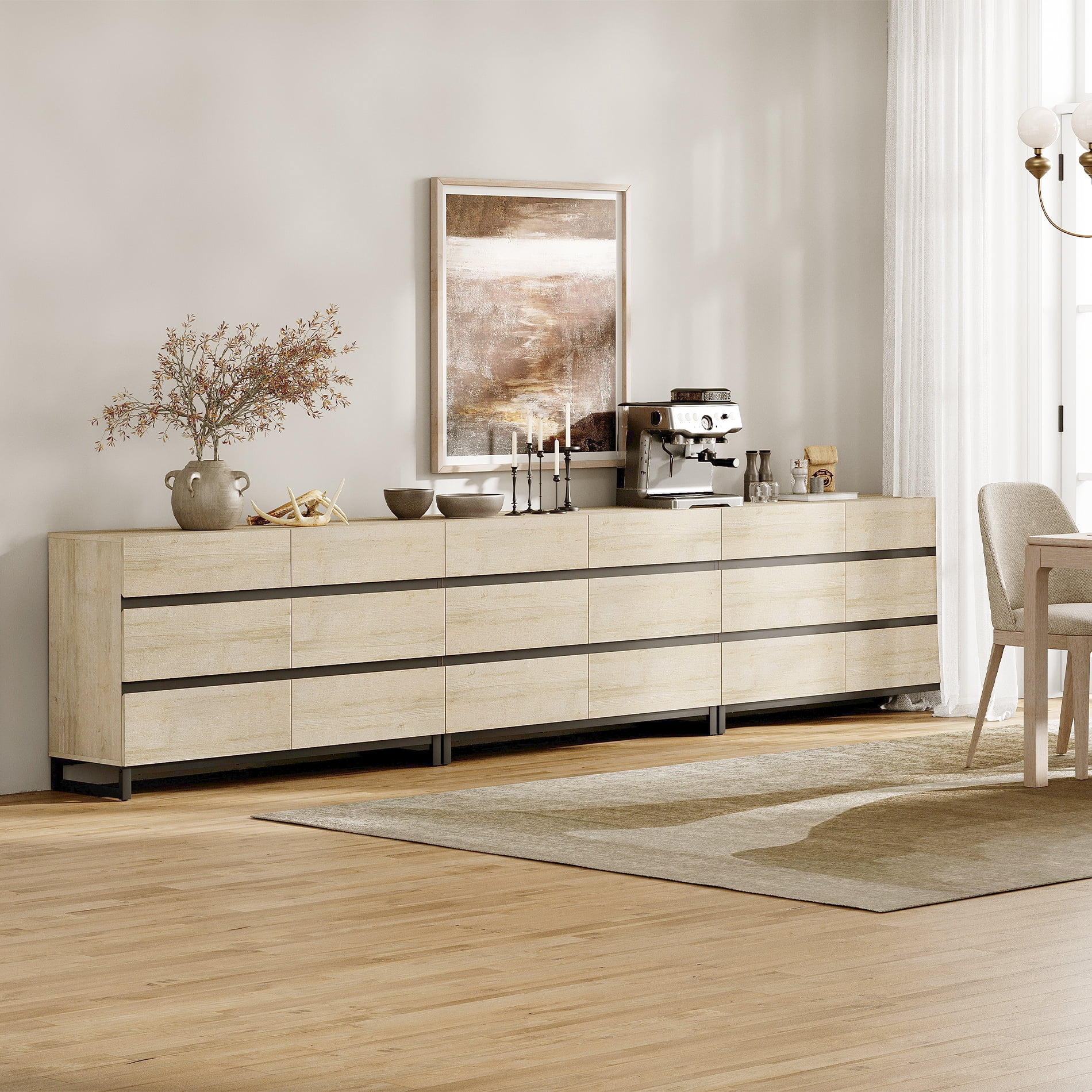 Modern Buffet Sideboard Cabinet with 18 Smooth-Glide Drawers and Sturdy Metal Base, Multifunctional Coffee Bar Storage Organizer Cabinet for Kitchen, Dining Room and Living Room,Beige