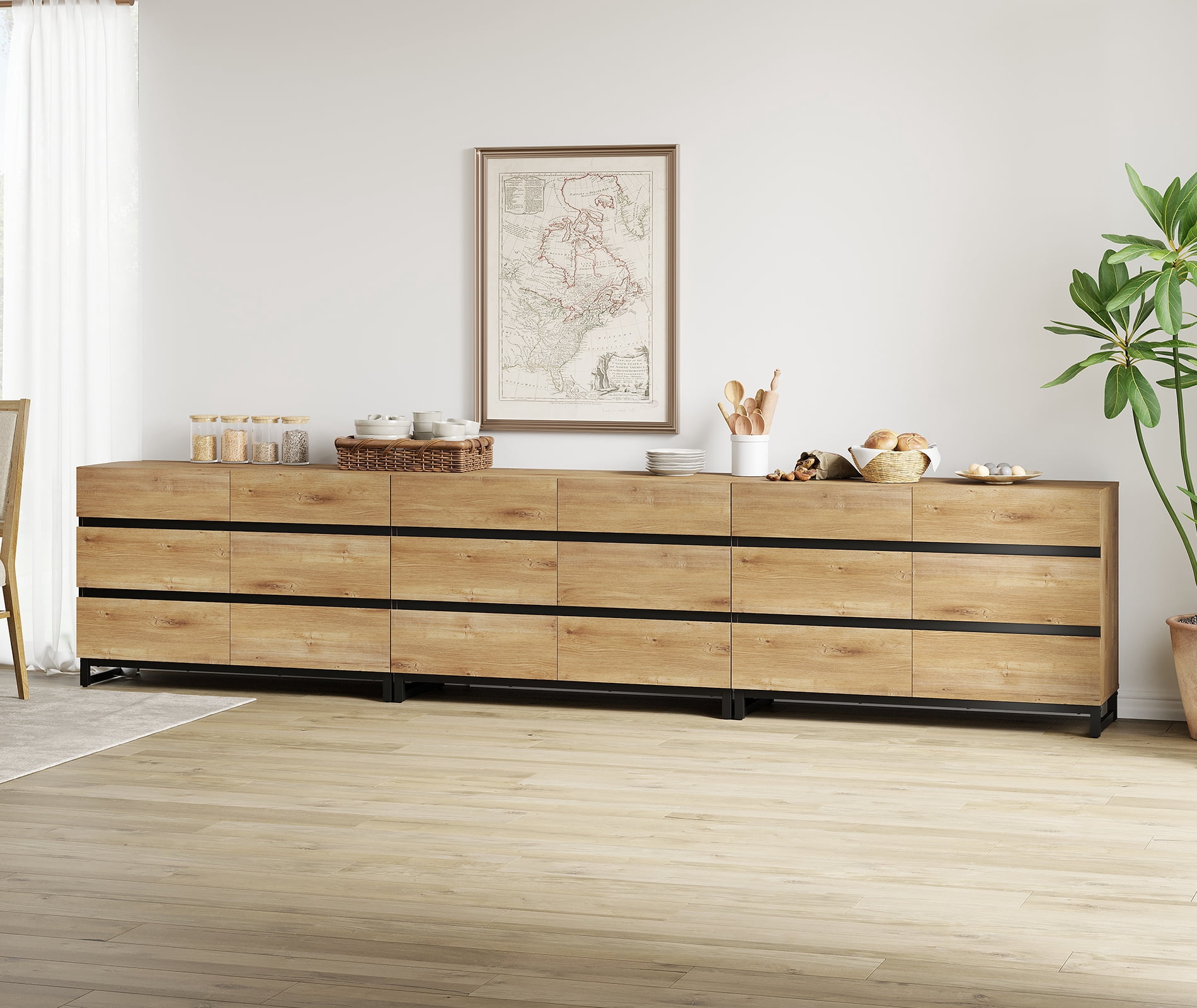 Modern Buffet Sideboard Cabinet with 18 Smooth-Glide Drawers and Sturdy Metal Base, Multifunctional Coffee Bar Storage Organizer Cabinet for Kitchen, Dining Room and Living Room,Oak