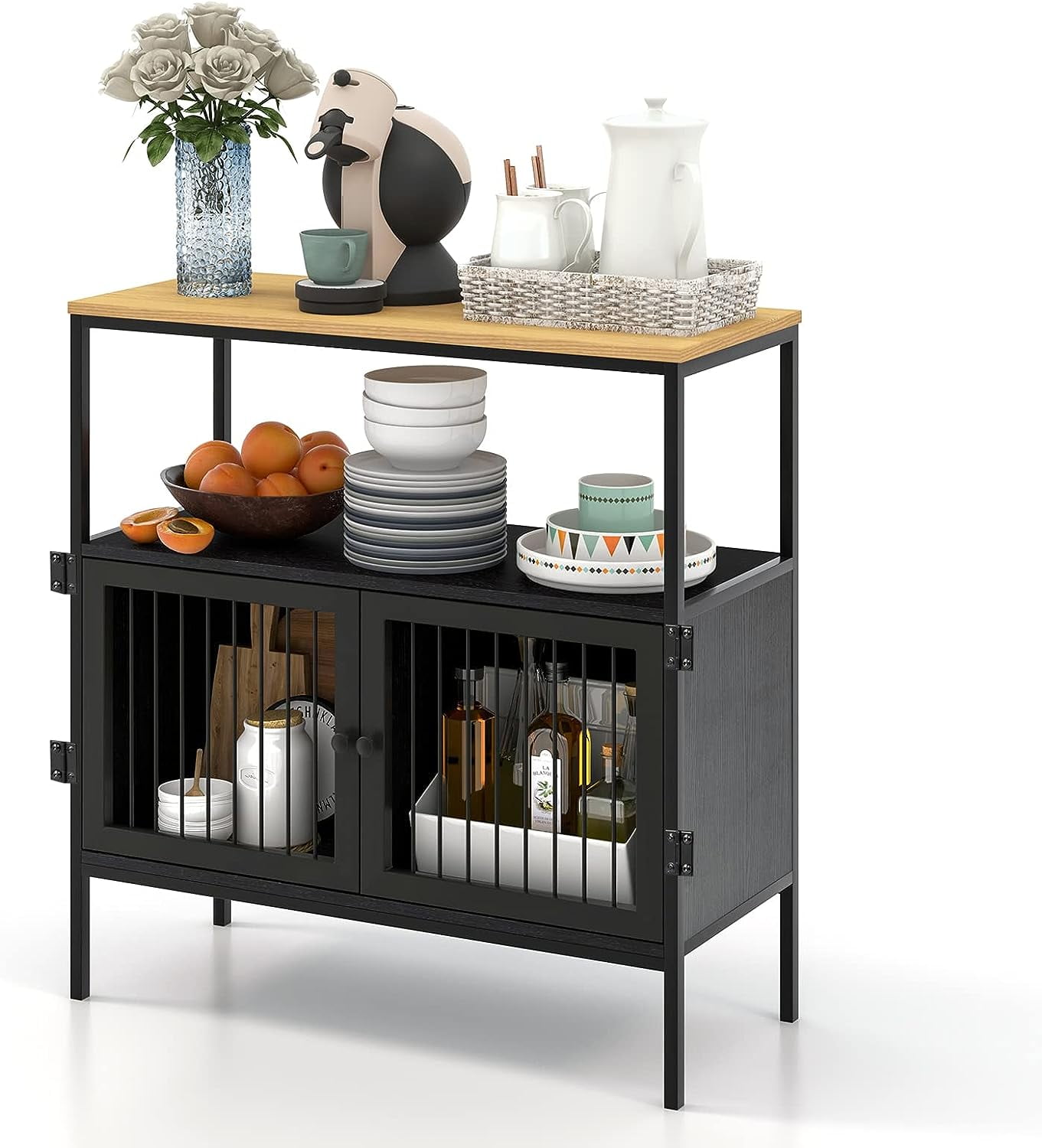 Modern Buffet Sideboard Storage Cabinet with Heavy-Duty Metal Frame and Open Shelf, Multifunctional Coffee Bar Table for Home, Cafe, Natural \u0026 Black, 31.5 x 14 x 35.5 Inches