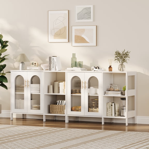 Modern Buffet Storage Cabinet with Arched Glass Doors, Coffee Bar Cabinet with 2 Open Storage Shelves & Metal Handle, White Accent Cabinet for Living Room, Hallway, Dining Room