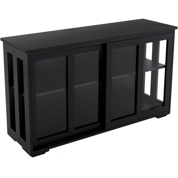 Modern Buffet Storage Cabinet with Glass Sliding Door and Adjustable Shelves, Multifunctional 42-inch Wide Storage Cabinet,Wooden Console Table, Black
