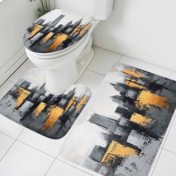 Modern Building Bathroom Rugs Set Oil Painting Non Slip Absorbent Soft Bath Mats 3 Piece Set with Bathroom Rug, U-Shaped Floor Mat, Toilet Seat Cover Small Size