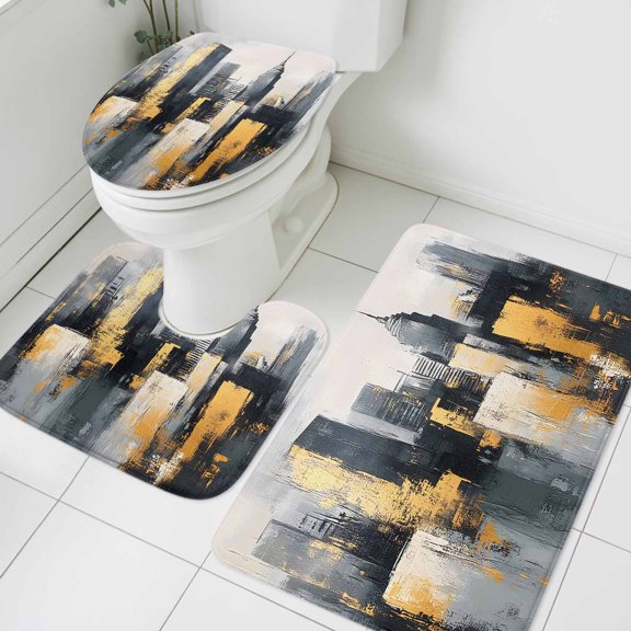 Modern Building Bathroom Rugs Set Oil Painting Non Slip Absorbent Soft Bath Mats 3 Piece Set with Bathroom Rug, U-Shaped Floor Mat, Toilet Seat Cover Small Size