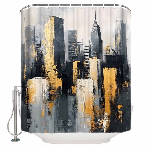 Modern Building Bathroom Shower Curtains with 12 Hooks Polyester Waterproof Shower Curtain for Stalls and Bathtubs Chic Retro Abstract City Oil Painting Decorative Bathroom Curtain 36x72 Inches
