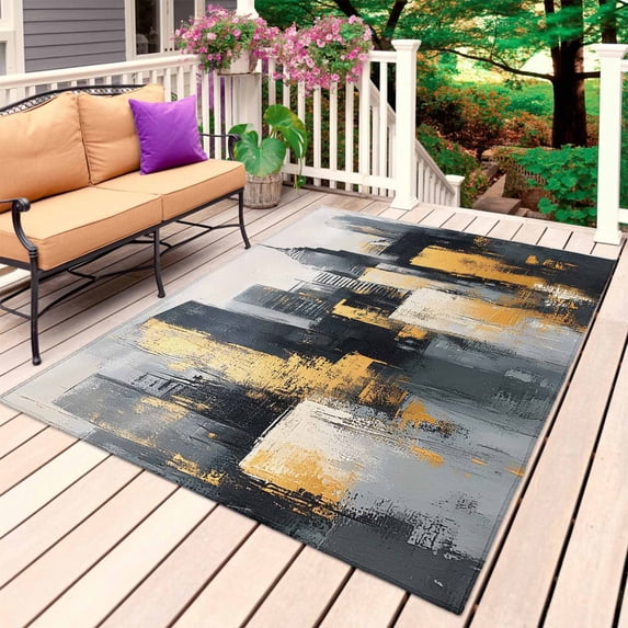 Modern Building Outdoor Rug 3x5 Ft, Non Slip Washable Area Rug, Chic Retro Abstract City Oil Painting Patio Rugs Carpet Runner, Large Floor Mat for Indoor/Outdoor Deck Porch Camping