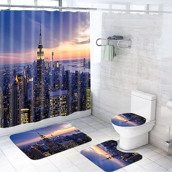 Modern Building Shower Curtain Sets Rug Bathroom Mats Toilet Cover New York City Skyscrapers Sunset Night Scenery Bath Curtains