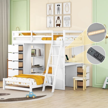 Modern Bunk Bed with LED-Lit & Sturdy Build, Plywood Frame — White — your home if the room space is limit, which helps to keep the room clean and tidy