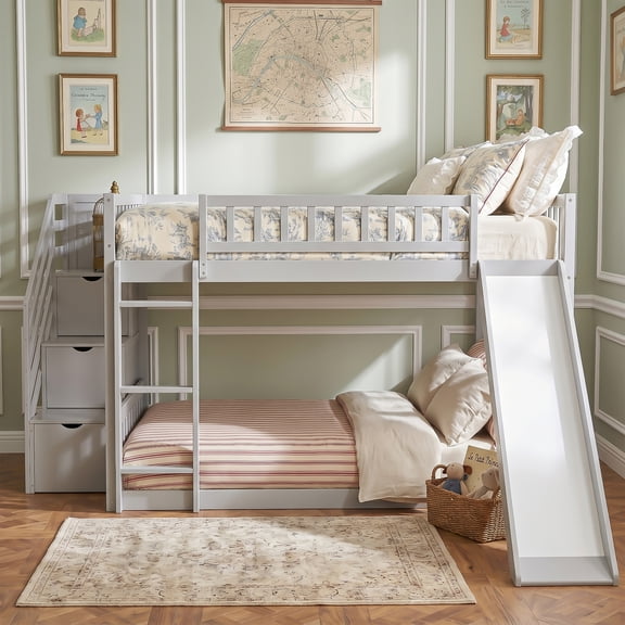Modern Bunk Bed with Ample Storage & Sturdy Build, Pine Wood Frame Gray solid pine wood can add strength and durability 11.9"