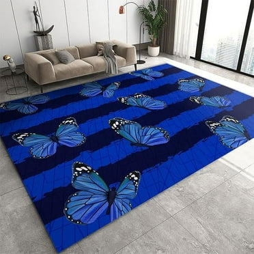 Modern Butterfly Area Rug, Nordic Navy Blue Gradient Stripes Indoor Carpet, Non-Slip Foldable Absorbent Washable Rugs For Living Room Bedroom Entryway Hallway Office Bathroom 5 x 7ft