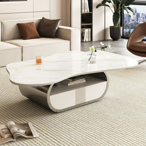 Modern Butterfly Coffee Table with Sintered Stone Top – Oval Center Table with Storage Shelf & Drawer, Stainless Steel Base & MDF Cabinet for Minimalist Living Room Decor
