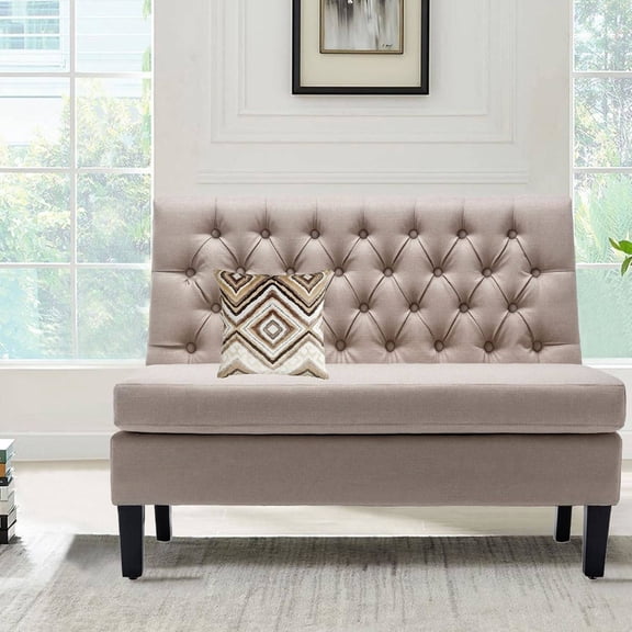 Modern Button-Tufted 2-Seater Banquette Sofa with Solid Wood Legs