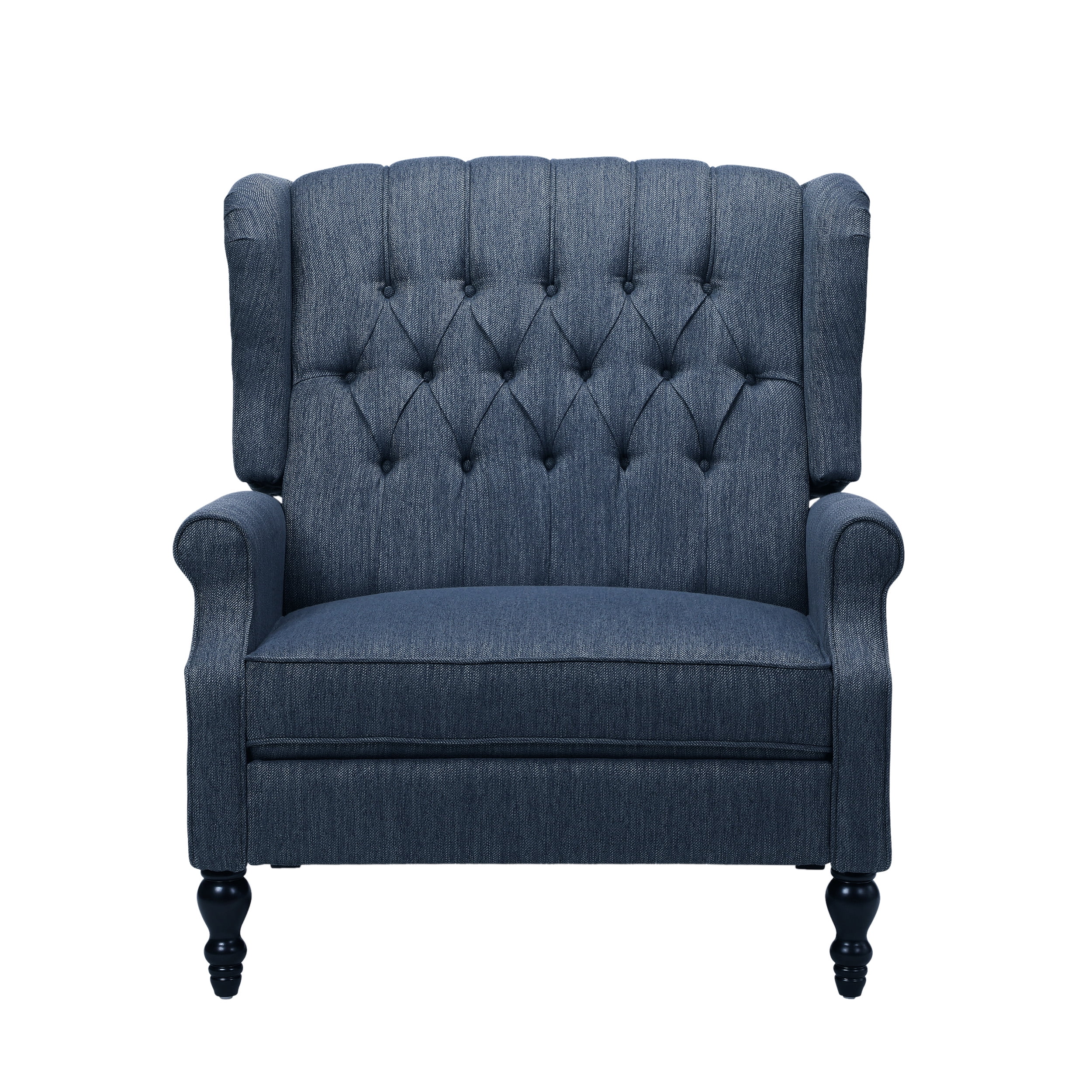 Handcrafted Navy Blue Oversized Wingback Recliner with Wood Accents