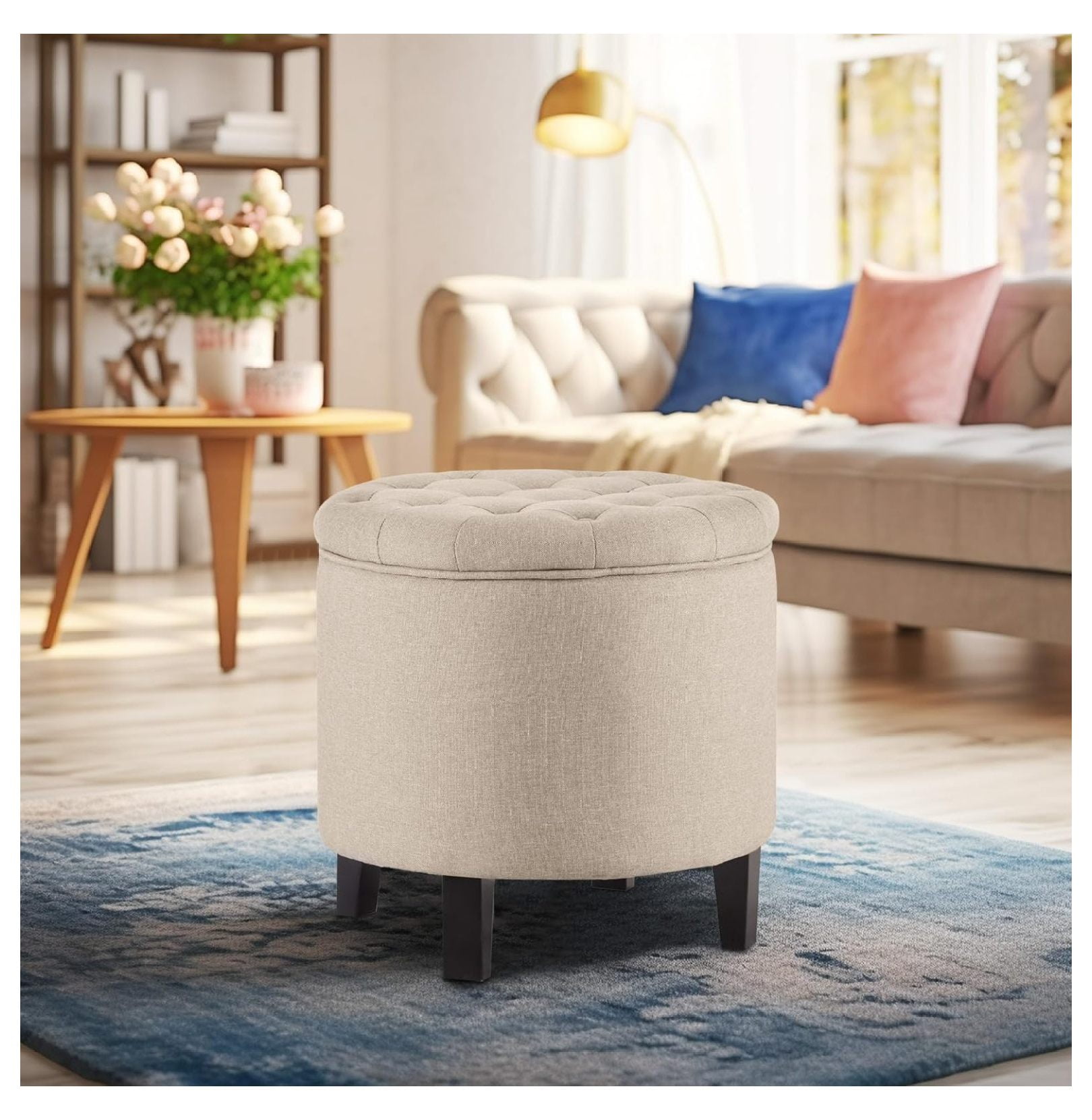 Modern Button Tufted Accent Storage Ottoman, Small Upholstered Circle Pouf Footstool with Lift ...