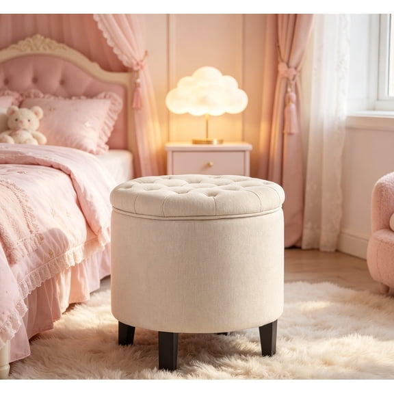Modern Button Tufted Accent Storage Ottoman, Small Upholstered Circle Pouf Footstool with Lift Top, for Bedroom, Living Room or Vanity, 17.75" Round, Beige