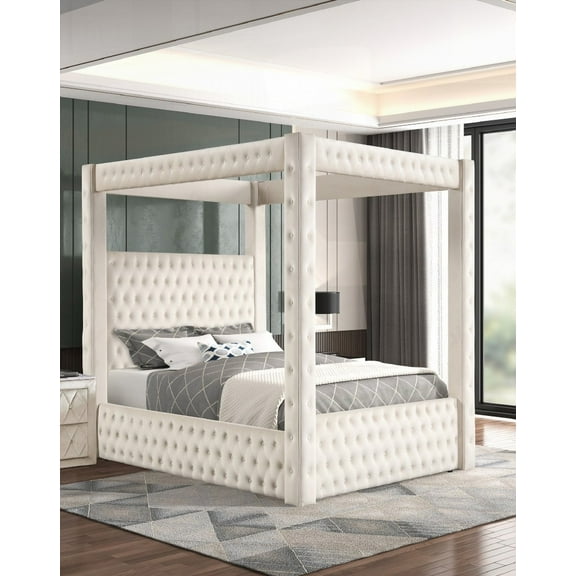 1pc Majestic Queen Bed in Ivory Rich Velvet Fabric Having Four-poster Design with Tufted Headboard and Footboard