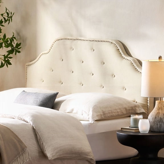 Modern Button Tufted Queen Headboard in Solid Wood, Featuring Durable Metal Legs & Nailhead Accents