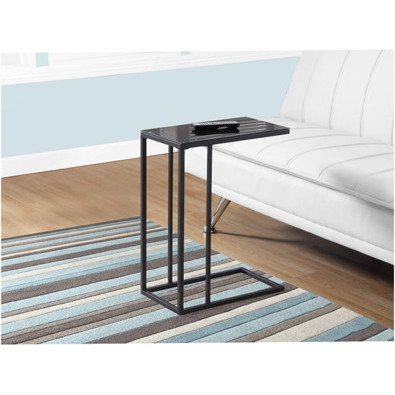 Modern C-Shaped End Table with Black Tempered Glass Top, Accent Snack Table for Living Room Bedroom Office, Sturdy Metal Base, Contemporary Side Table