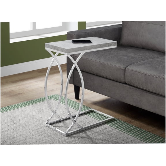 Modern C-Shaped End Table with Grey Laminate Top and Chrome Metal Base for Living Room and Bedroom