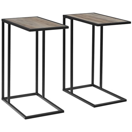 Modern C-Shaped End Table with Metal Base in Gray Wash (Set of 2)