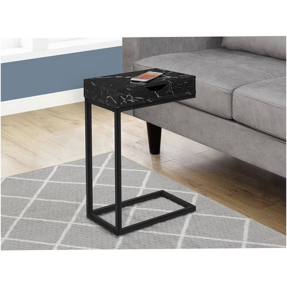 Modern C-Shaped End Table with Storage Drawer, Black Marble Laminate Top & Metal Frame for Living Room & Bedroom