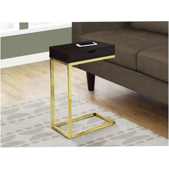 Modern C-Shaped End Table with Storage Drawer, Espresso Brown Laminate & Gold Metal Base, Small Accent Table for Living Room, Bedroom