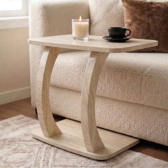 Modern C-Shaped Rectangular Top Side Table, Sofa & Living Room Use, Compact End Table, Travertine